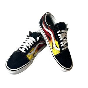 Vans Old Skool Flames Mens 7 Black Suede Canvas sneaker Shoes Lace Up Womens 8.5